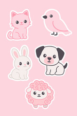 Cute cartoon baby animals on a pink background, featuring playful and adorable characters perfect for kids&rsquo; designs, stationery, and illustrations.