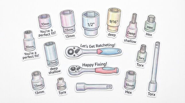modern socket wrench sizes and shapes sticker pack designed for greeting cards invitations and decor isolated on white background