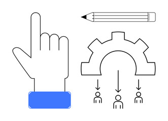 Workflow management, task assignment, teamwork, efficiency, decision-making, productivity. Hand pointing upward, gear icon pencil and arrows connecting to figures. Workflow management and teamwork
