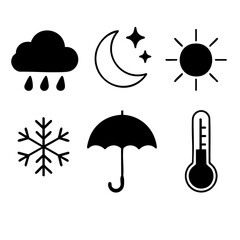 Weather forecast icons featuring sun, rain, snow, and thermometer, ideal for meteorology, climate, and daily weather-related illustrations.