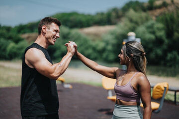 A man and woman high-fiving while exercising together in an outdoor park setting. Their interaction promotes teamwork, active lifestyles, and motivational teamwork in fitness activities.