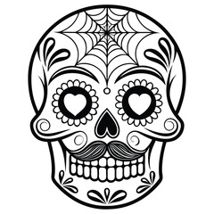 Detailed Dia de Muertos Sugar Skull Outline Vector Clipart