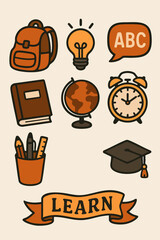 School and graduation-themed icons featuring books, globe, and diploma, ideal for education, learning, and academic-related designs.
