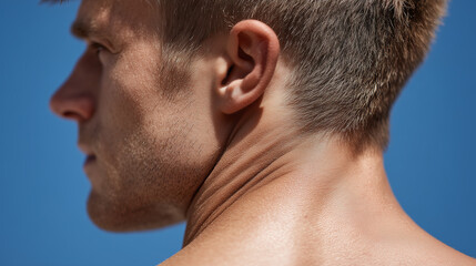 Naklejka premium Close up macro of nape area with warm outdoor light, showing male skin texture, short hair, and natural healthy appearance against blue sky background