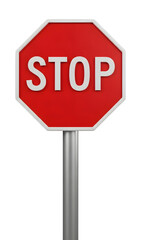 Red 3D Stop Sign on Metal Pole PNG Transparent Background