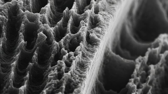 Medium shot focused on zoomed grain details in electron microscopy emphasizing contrast variations to study phase transitions and material deformation