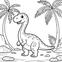 Cute Dinosaur Coloring Page with Palm Trees