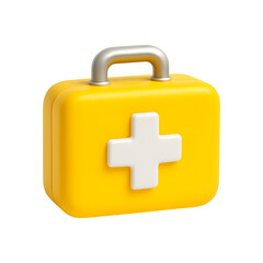 Obraz premium A bright yellow 3d first aid kit icon with a prominent white cross and silver handle
