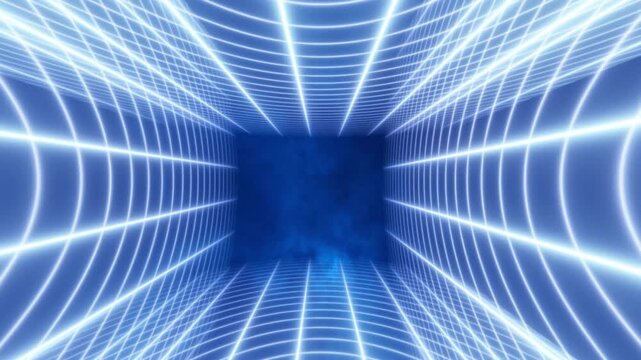 Abstract glowing blue tunnel made of digital light grids