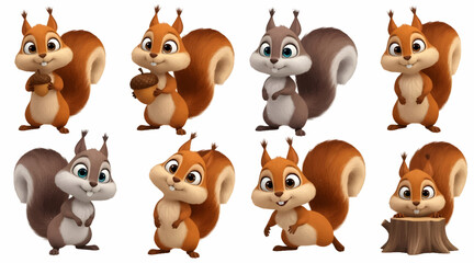 Obraz premium Cute Cartoon Squirrel Characters Set Holding Acorn 3D Render