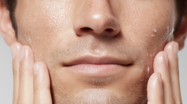 Close up of male face with soft cream absorbing into visible pores, showing smooth skin texture, hydration, and gentle skincare routine, expressing calm and freshness