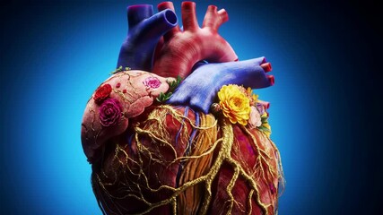 Artistic heart adorned with colorful flowers and golden veins on blue gradient backdrop. For creative visuals, intricate detail and romantic symbolism