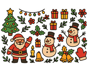 Fototapeta premium Cute cartoon vector collection featuring a festive Santa Claus set with a Christmas tree, snowman, reindeer, and winter holiday decorations for a New Year celebration gift design illustration