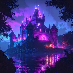 Fototapeta premium Grand castle illuminated in vibrant purples and pinks, reflected on serene water under a dreamy, clouded sky