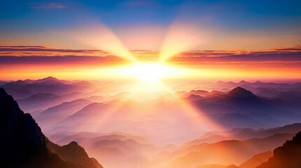 Fototapeta premium Golden sunbeams burst over rugged mountain ridges, highlighting autumn slopes while distant peaks fade into a serene blue mist