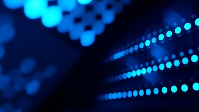 Close-up of glowing blue server rack lights creating an abstract technological pattern on a dark background.