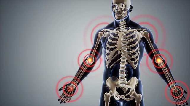 Arthritis skeleton illustration of human bone structure with red pain indicators, detailed view on joints, gray background. 