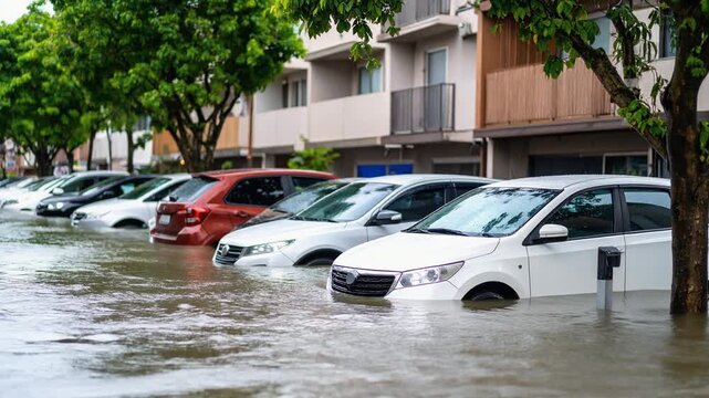 洪水で水没した自動車
