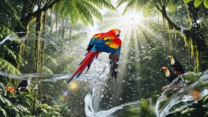 Vibrant macaw perched amid misty rainforest foliage as sunbeams pierce lush green canopy. In sunlit!