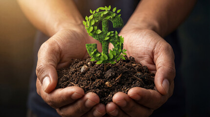 Cupped hands hold a vibrant green dollar sign growing from rich soil, symbolizing new financial opportunities, sustainable investment, and growth