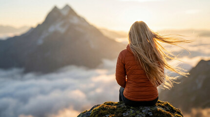 A woman with long, flowing blonde hair sits on a mountaintop, overlooking a breathtaking sunrise over peaks and clouds, embodying freedom and adventure