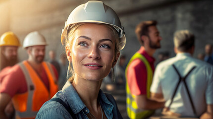 A smiling female engineer in a white hard hat looks upward thoughtfully, with a team of diverse construction workers blurred in the background, bathed in warm sunlight