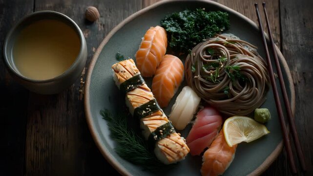 Colorful Japanese sushi and sashimi platter featuring tuna, salmon, shrimp, maki rolls, and soba noodles, served with soy sauce, wasabi, and ginger on a rustic wooden table