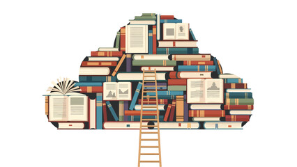 Obraz premium A colorful cloud shape made of stacked books with a ladder