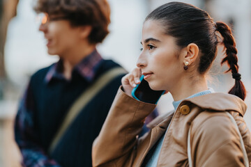 A young woman in a tan coat talks on a blue phone in a city setting, while a companion stands in the background. The scene conveys urban style, youth, and casual connectivity.