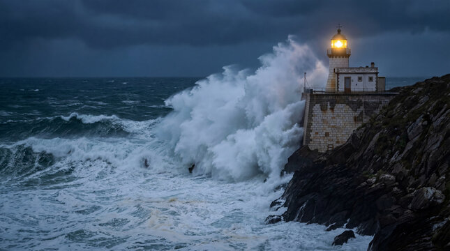 A steadfast lighthouse endures massive, dramatic waves crashing against the stone base during a fierce coastal storm under dark, menacing skies