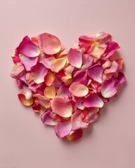 Obraz premium Multicolored rose petal heart on pastel pink background for loving celebration