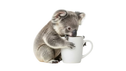 Cute Koala joey holding a white ceramic coffee mug isolated PNG with Transparent Background