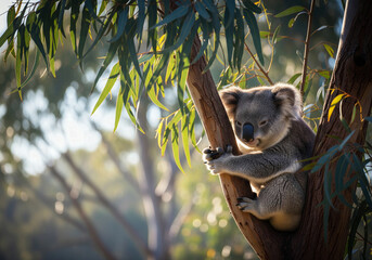 Alert koala sitting up in a eucalyptus tree, looking directly at the viewer in a sunlit forest