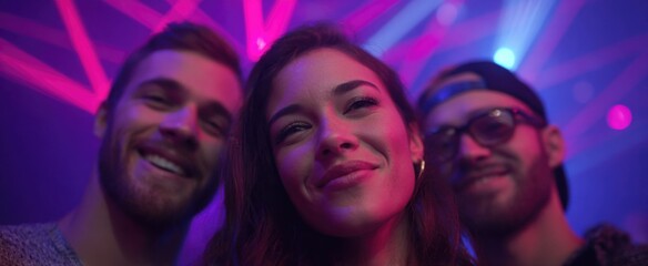 friends capturing selfies in a club with lasers creating patterns above