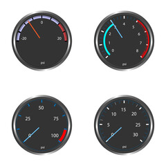 Set of realistic pressure gauges with color-coded zones. Includes multiple psi scales and needle positions.