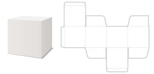3D box with matching flat net layout. Clean geometric packaging design for product visualization and branding.