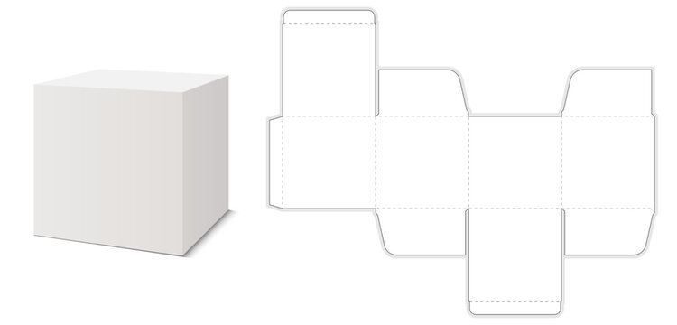 3D box with matching flat net layout. Clean geometric packaging design for product visualization and branding.