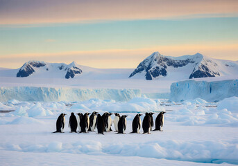 Huddle of Emperor Penguins on blue ice and snow amidst icebergs and snowy mountains at dawn