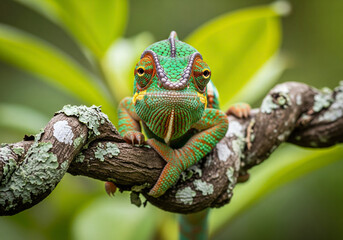 Front-facing close-up of a brightly colored chameleon on a lichen-covered vine