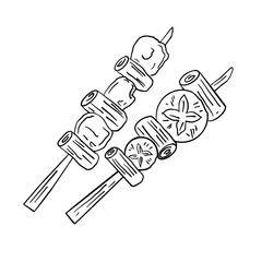Hand-Drawn Skewers Illustration – Grilled Food on Stick

Description 
A playful hand-drawn illustration of skewers featuring grilled food pieces arranged on a stick.