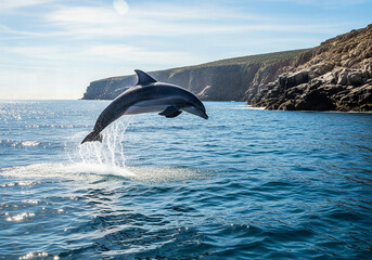 Dolphin leaping high out of the sparkling ocean water near a rocky coastline