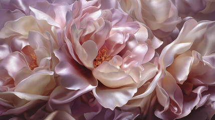Delicate peonies in full bloom with a soft and romantic glow. The petals are a blend of pastel pinks and creams, creating a visually stunning display