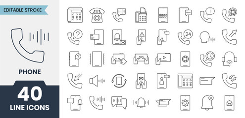 Phone line icons set with editable stroke. Contains icons related to telephone call, phone mobile call, vibrate, message, communication, contact and more. Vector illustration