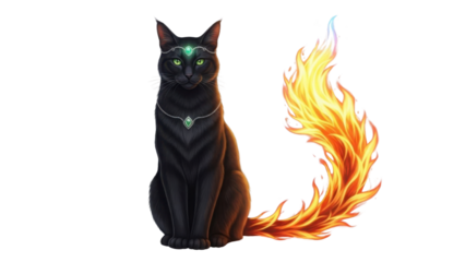 Mystical Black Cat with Fire Tail and Glowing Green Gem Amulet isolated PNG with Transparent Background