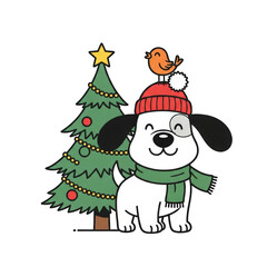 Cartoon dog in winter clothes standing next to Christmas tree with bird