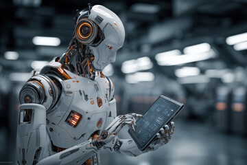 A sophisticated android robot with detailed metallic plating and glowing orange accents interacts with a digital tablet in a dimly lit industrial.