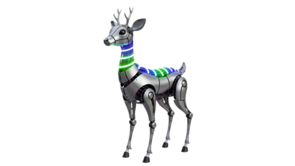A high-tech robotic reindeer featuring glowing neon lights on a black background