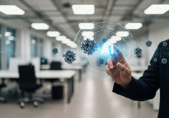 Man's hand touching a glowing holographic AI interface with abstract molecular structures in an office