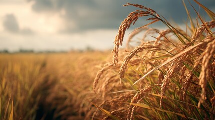 Fototapeta premium Golden Rice Field Under a Dramatic Sky with Warm Light and Cloudy Atmosphere Capturing the Essence of Farming and Nature in the Harvest Season