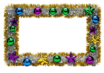 luxurious rectangular christmas border of reflective metallic silver tinsel and gold strands, adorned with mirrored jewel-toned baubles and stars on transparent. concept of sophisticated celebration